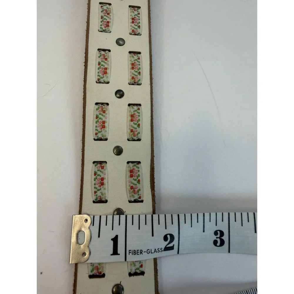 White Leather Belt Colorful Ribbon Accents Vintage Boho Style 31-34
